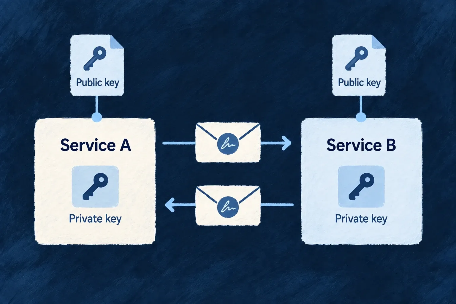 Services retain separate private keys and exchange signed messages using public verification material.