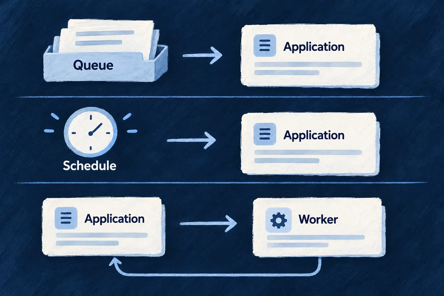 Queued work and scheduled triggers enter the application; a separate worker receives a call and returns its result.