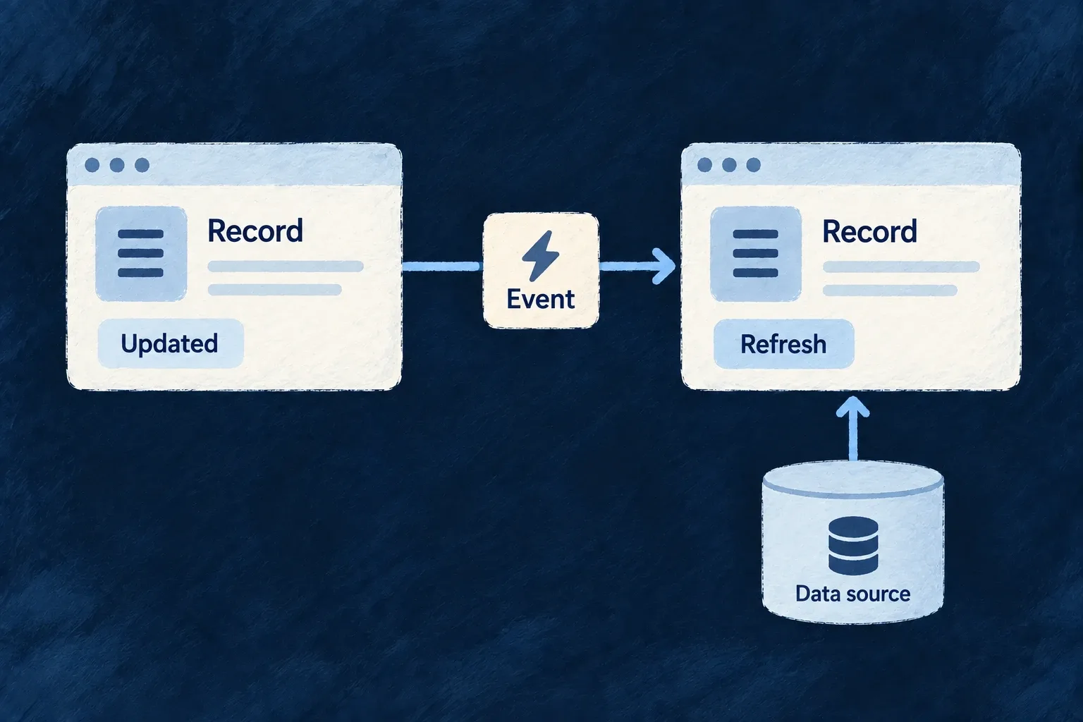 A record change prompts a connected view to refresh its data.