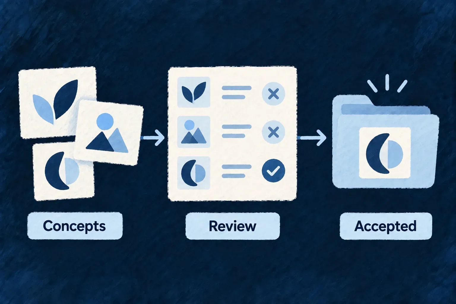Three painted logo concept cards pass a review then one is selected and placed into an accepted asset folder