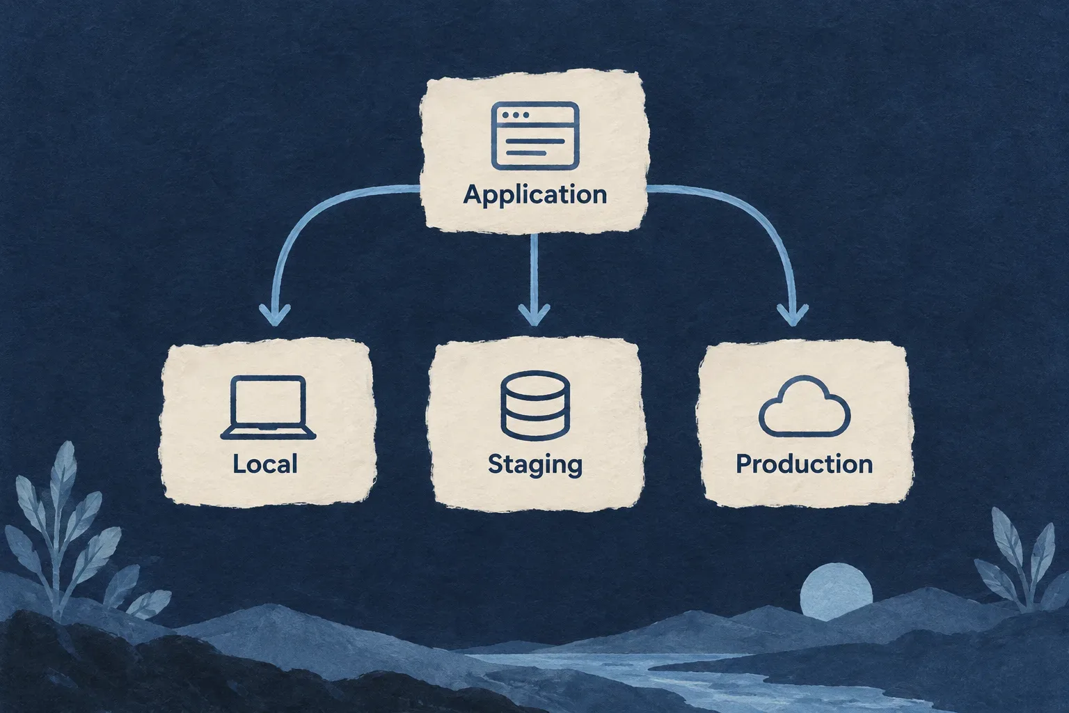 An application has separate local, staging and production environment choices.