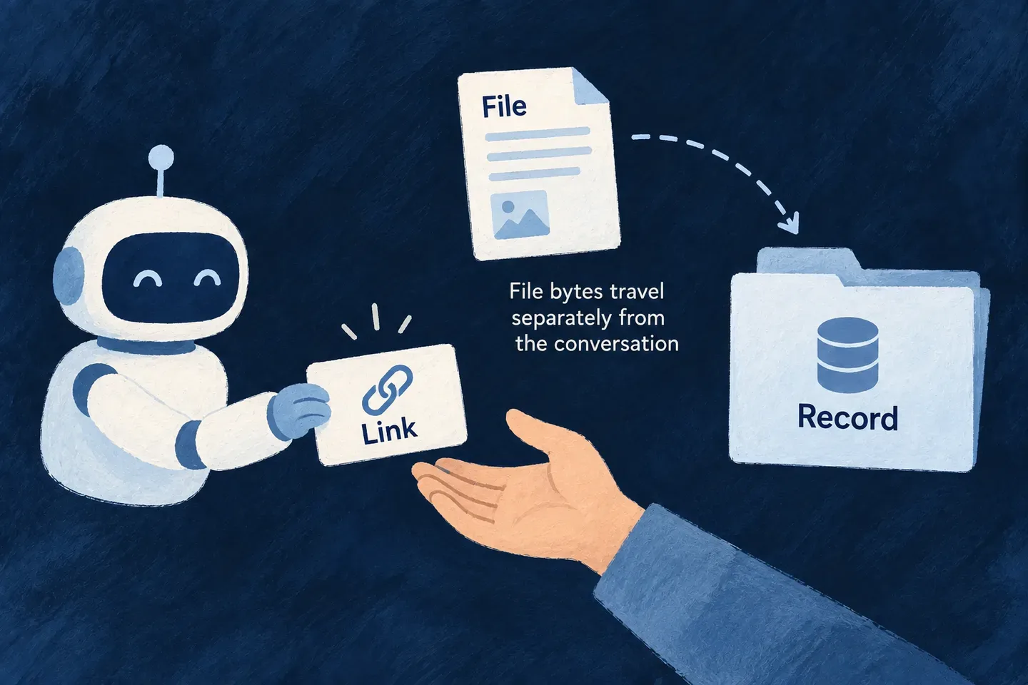 A file is uploaded through a scoped grant before the application operation uses it.
