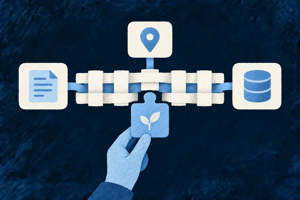 A custom blue action piece slots into an already connected ivory assembly linking a form, a route and a data store. Connections remain calm and complete around the new piece.