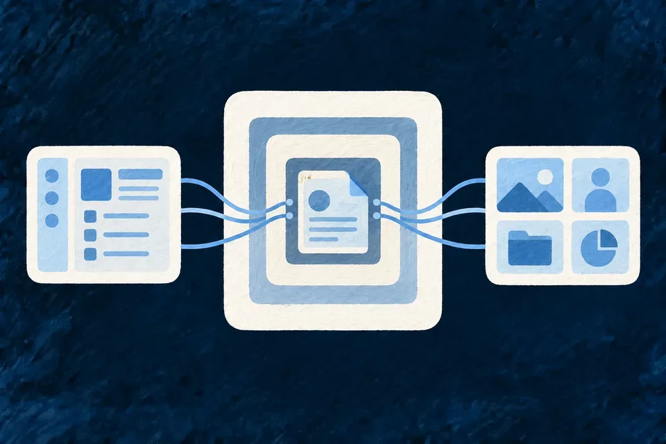 Nested ivory frames representing application, organization and record context surround two distinct blue views of the same object. Fine threads connect the central record to both views, with no dense labels.