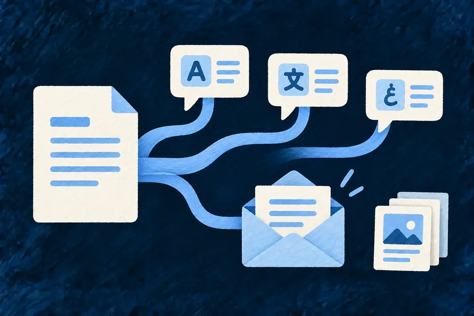 An ivory meaning sheet branches into translated speech cards and a carefully composed open envelope. Blue paint unifies both outputs.
