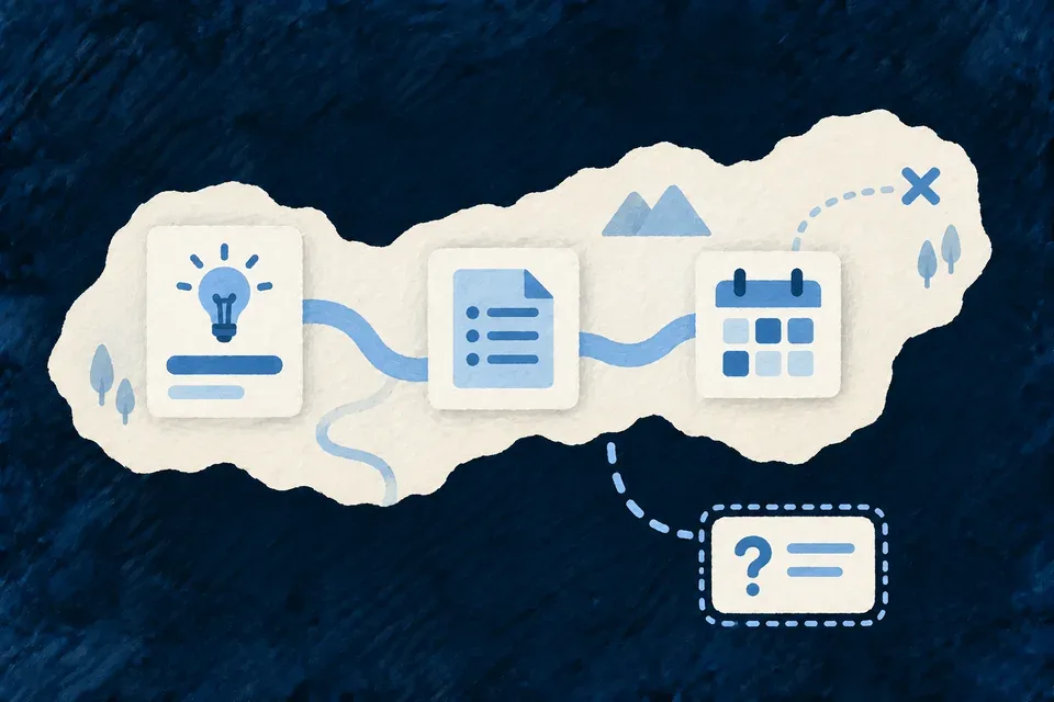 A product need card connected visibly to a requirement and a delivery plan on an ivory map.