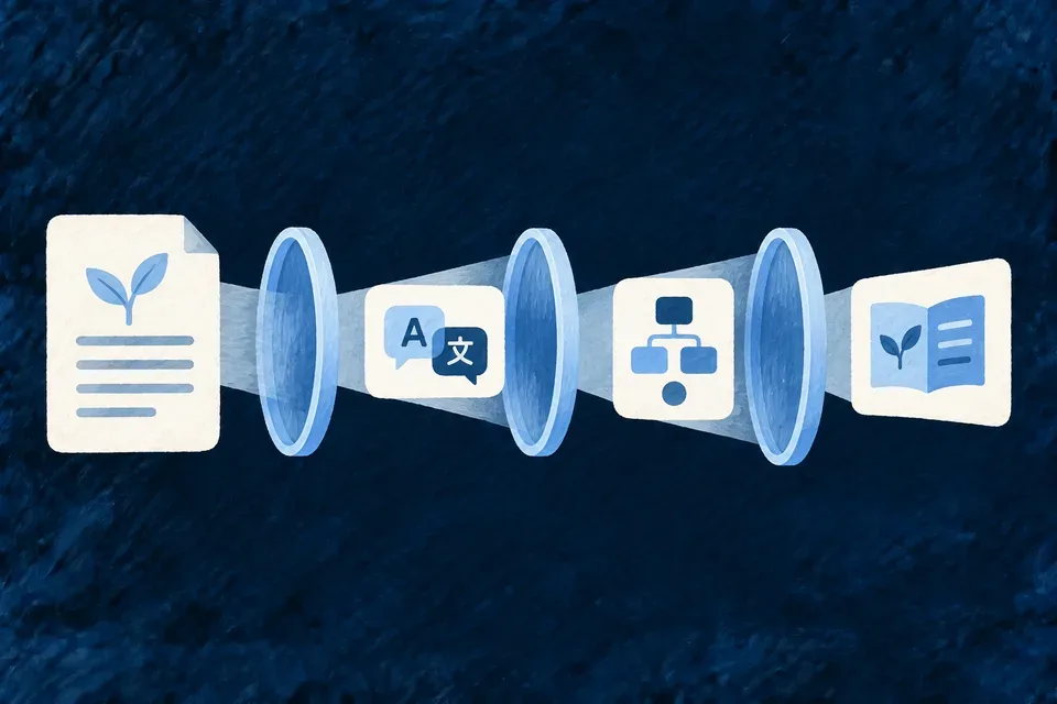 An ivory resource specification sheet passes through three simple blue lenses, yielding a language card, an implementation plan and a reader guide.