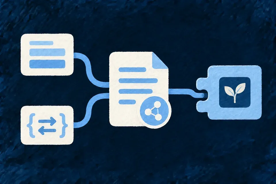 One central carefully drawn field contract feeding two equal consumer sheets: a form and an API exchange.