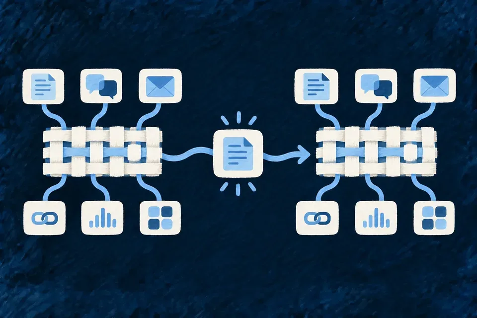 Two successive versions of a calm ivory product map side by side, a changed blue requirement highlighted between them, with related plan threads remaining traceable.