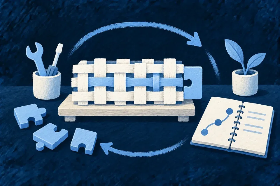 A shared application foundation on a careful maintenance workbench, with spare blue connector pieces and an orderly roadmap notebook.