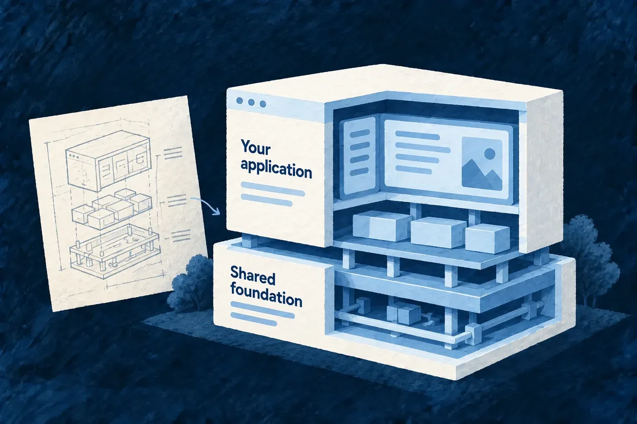 A cutaway reveals the shared foundation beneath an application.