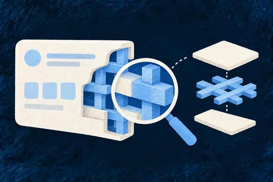 A tasteful architectural cutaway exposes blue joinery under an ivory application surface, with a magnifying glass and a simple explanatory sketch beside it.