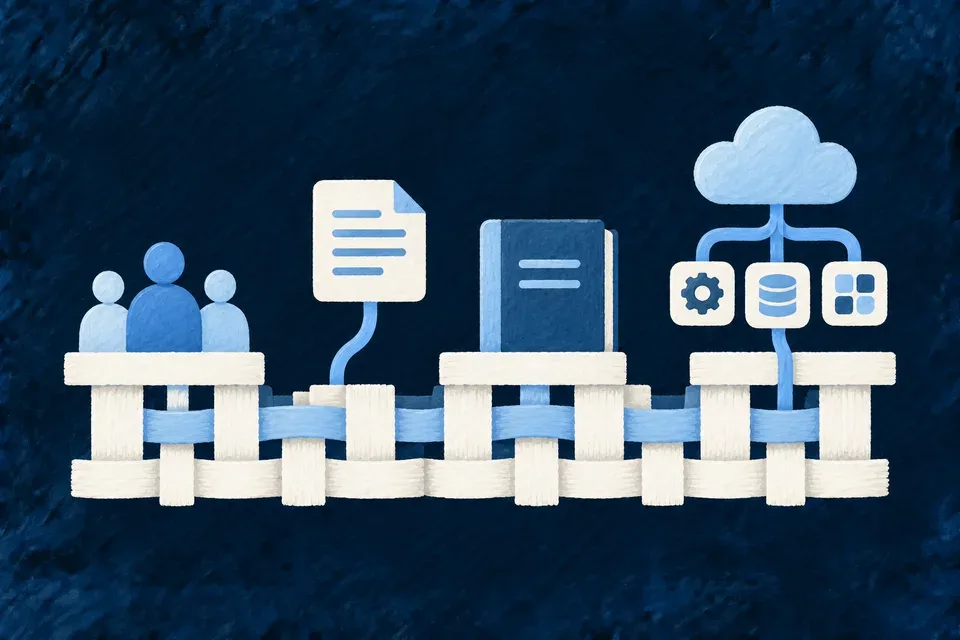 A carefully planned ivory foundation supporting several complementary blue business objects: people, records, a ledger and connected services.