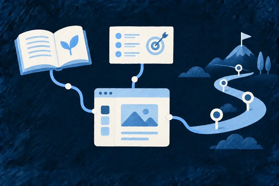 A central application drawing surrounded by an open knowledge book, a meaningful product plan and a winding path with deliberate checkpoints. Thin threads carry information into the current work.