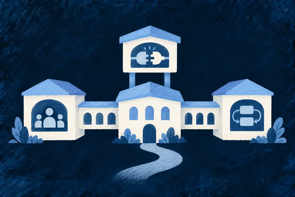 An existing modest blue and ivory application structure expanding with thoughtfully fitted new wings: a people room, a workflow room and an integration bridge.