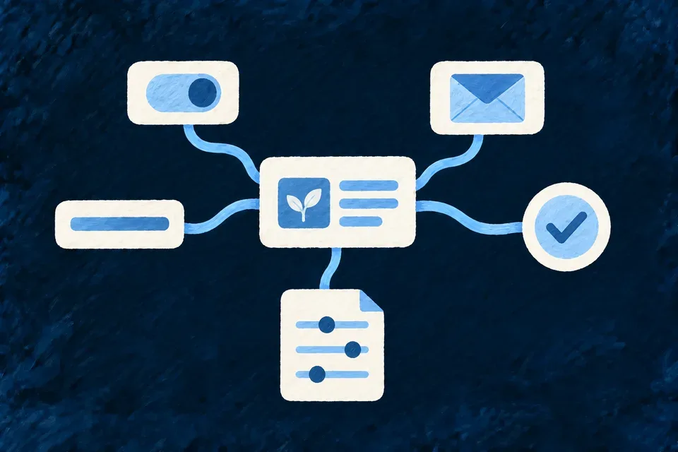 An ivory field card at center surrounded by a form control, a word label, a gentle validation mark, an envelope and a configuration sheet. Delicate blue threads reveal all the useful surroundings of a seemingly small feature.