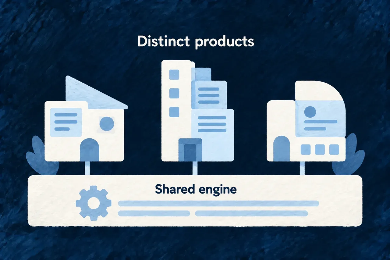 Different application structures built upon one shared engine.