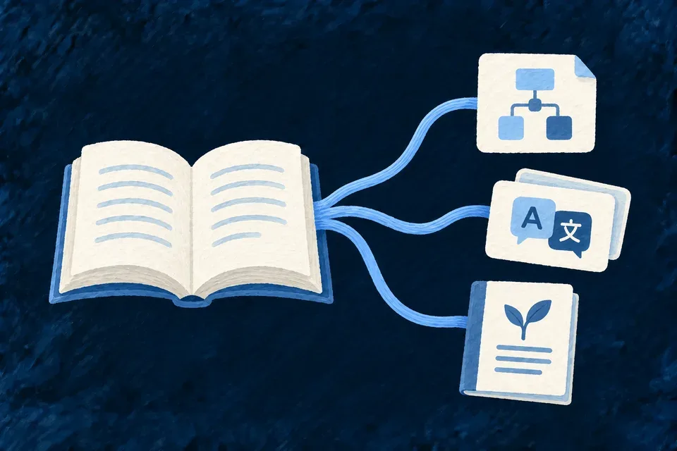 A single open ivory source book on a navy background sending fine painted threads to three different work sheets: implementation sketch, language cards and documentation booklet.