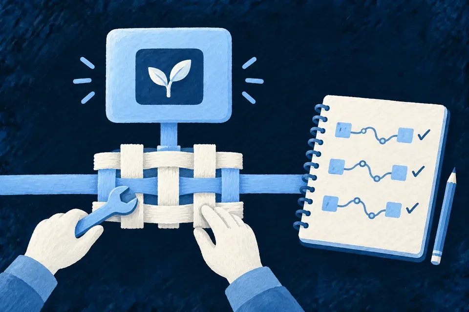 A maintained blue structural joint beneath an application, beside a notebook containing repeatable path sketches and small check marks.