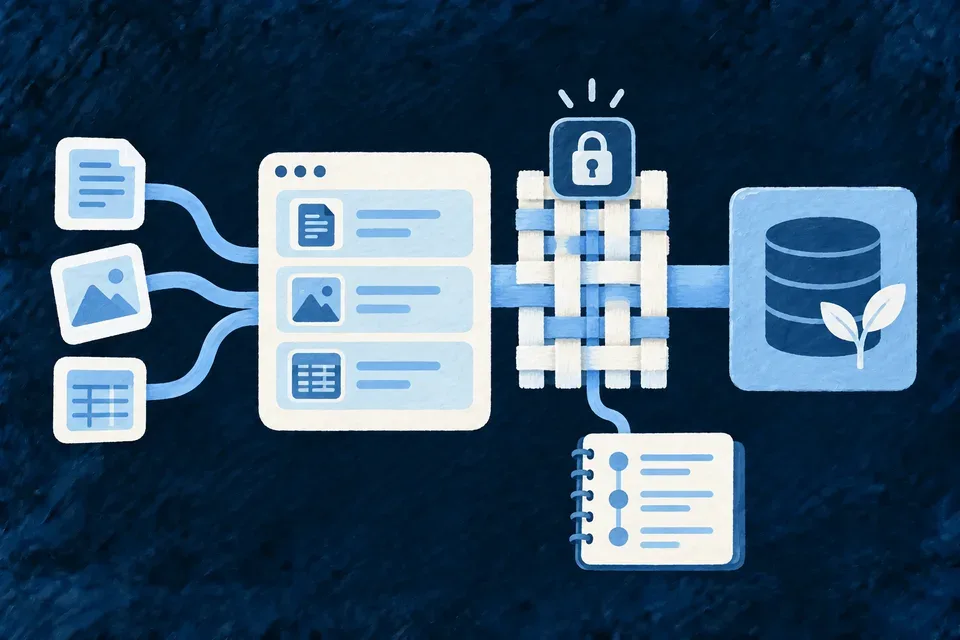 A business application cutaway showing everyday record movement, an access boundary and a small audit trail notebook integrated in the same structure.