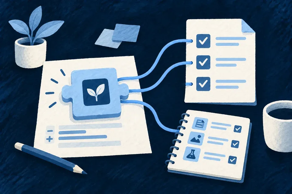 An application change sketch placed beside its contract sheet and an evidence notebook on a tidy workbench.