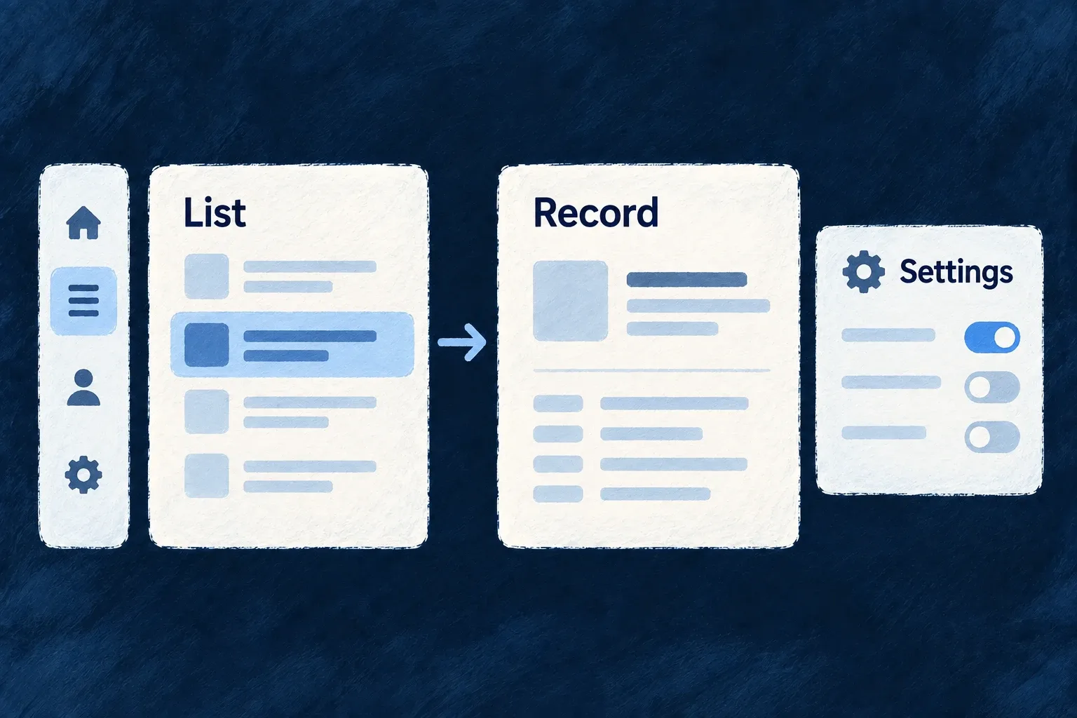 Navigation leads from a list into its record and settings within the same application.