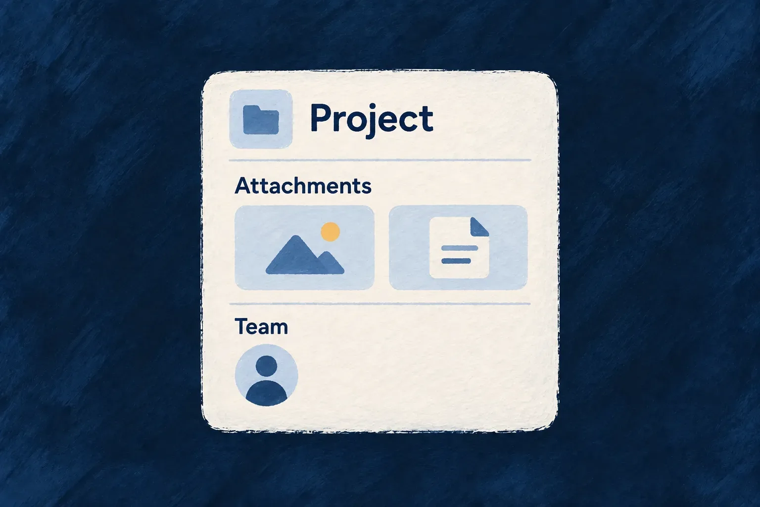 Multiple attachments and a nested team avatar sit in the parts of the project they describe.