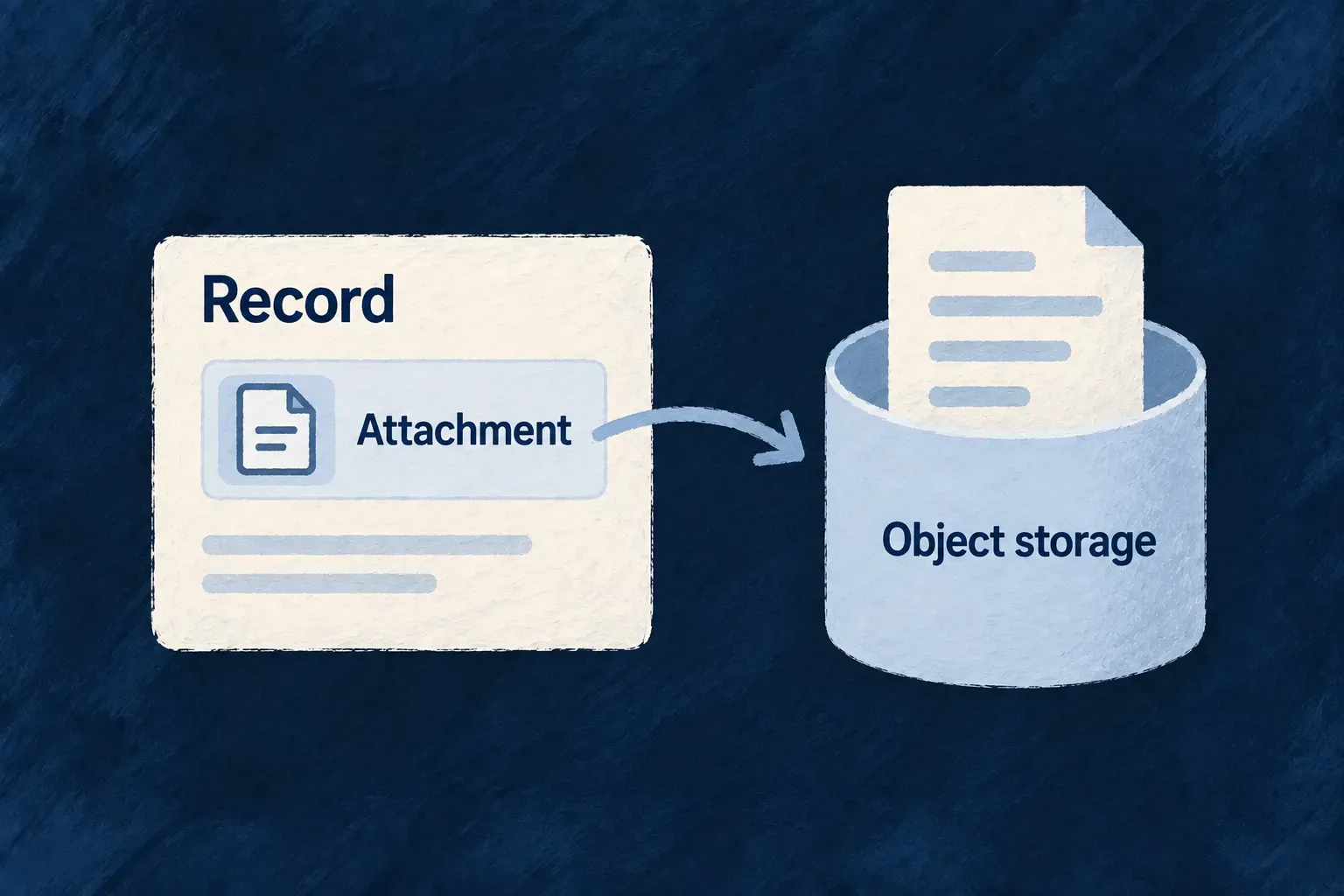 A record retains its attachment reference while document contents live in object storage.