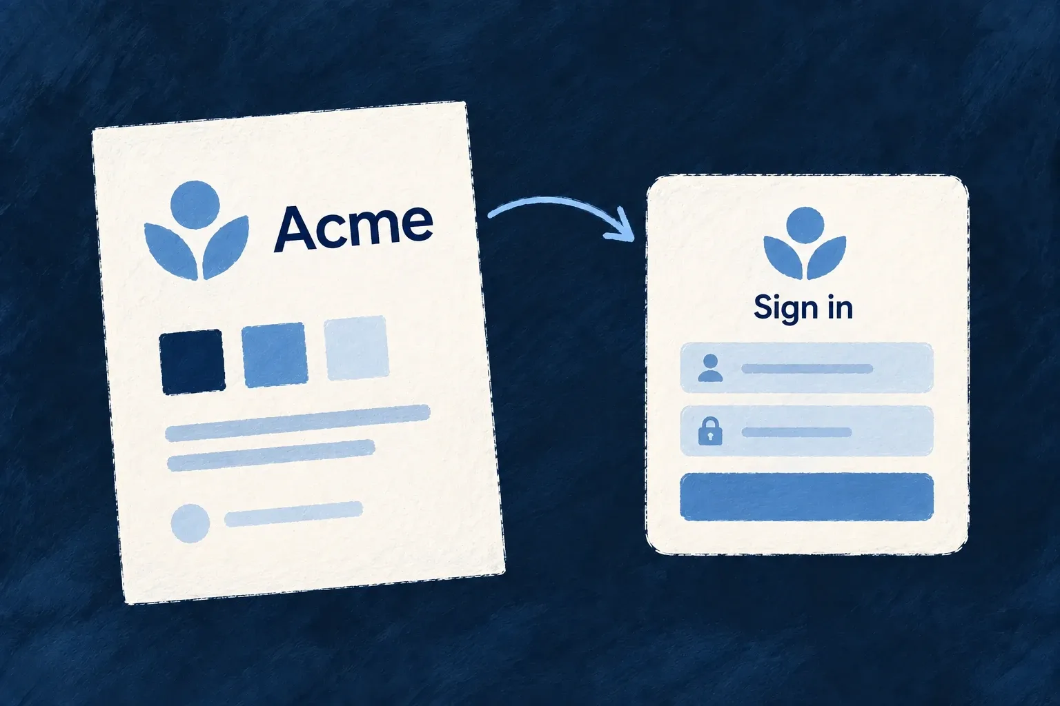 Acme's logo and blue palette carry from its profile to its sign-in screen.