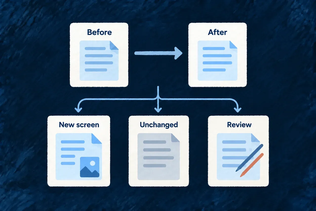 A before-and-after comparison distinguishes new work, unchanged earlier edits and changes needing review.