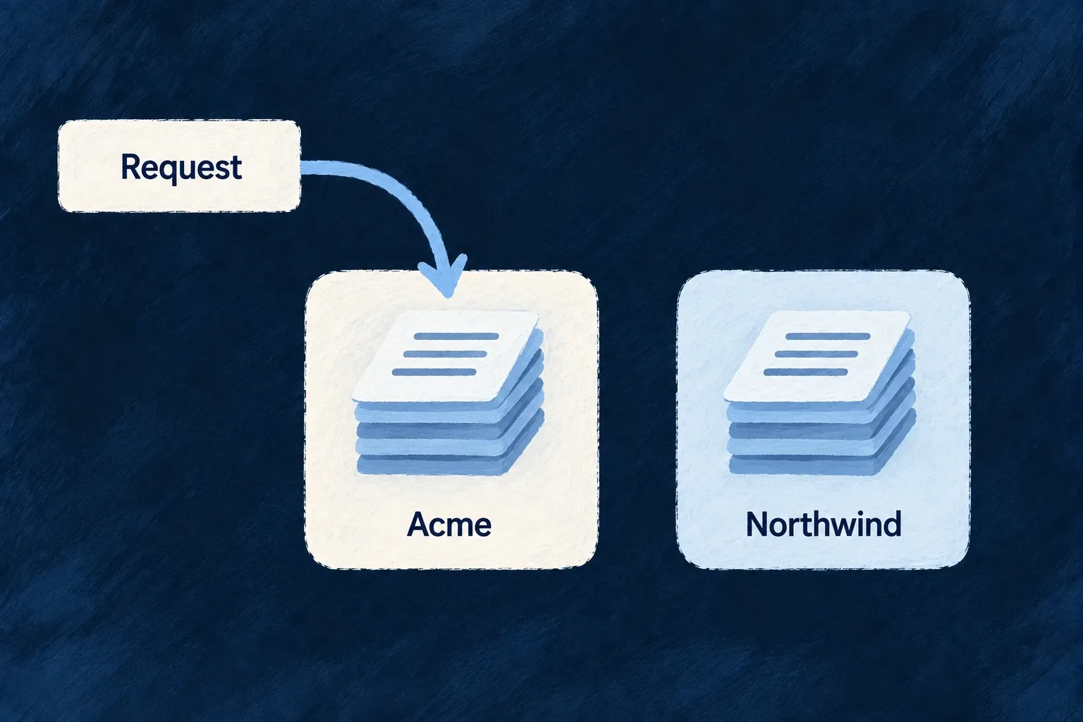 A request reaches Acme's records while Northwind's records remain separate.