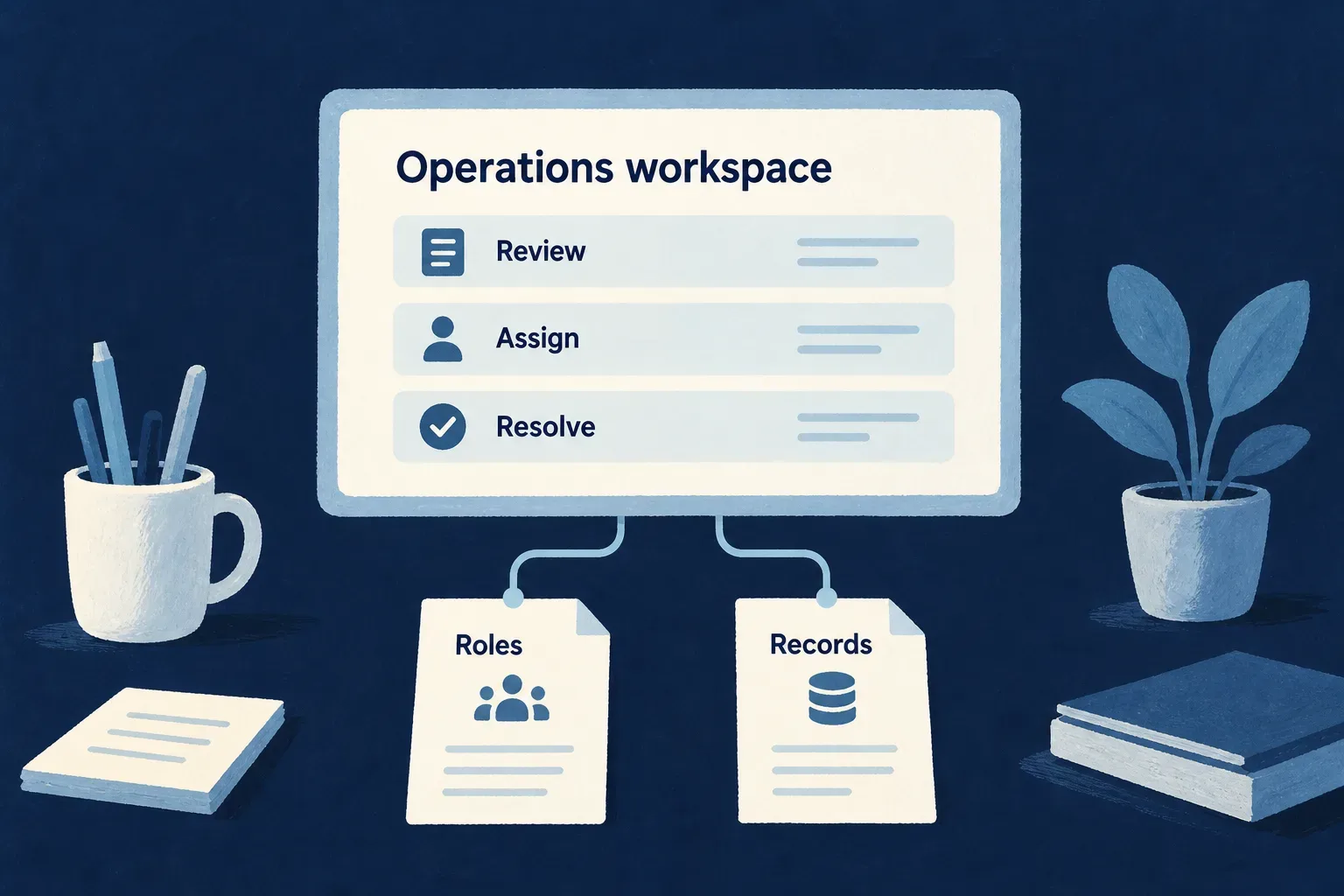An operations workspace presents review, assignment and resolution around roles and records.