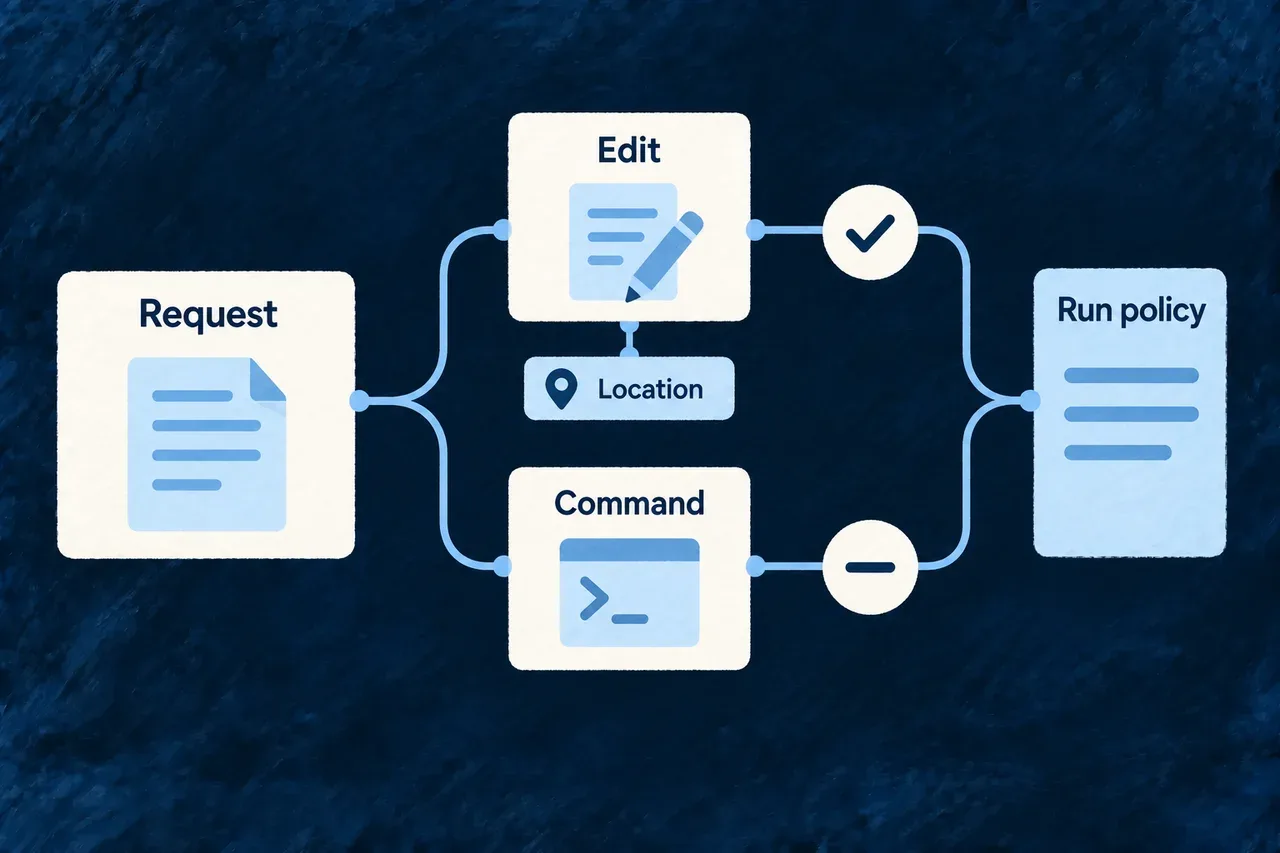 A run policy distinguishes edit requests, their locations and command execution.
