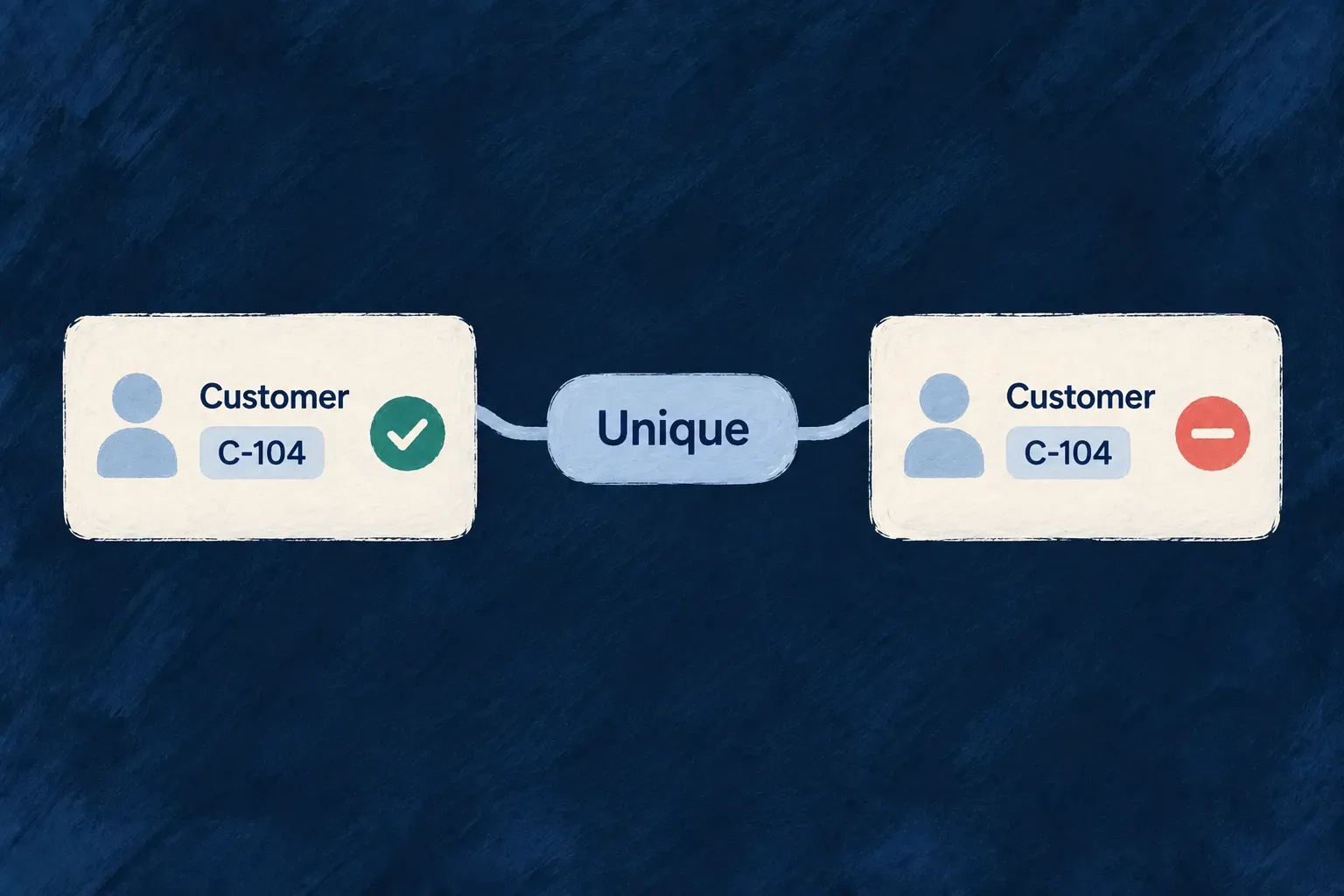 A unique customer-code rule accepts one C-104 record and refuses a duplicate.
