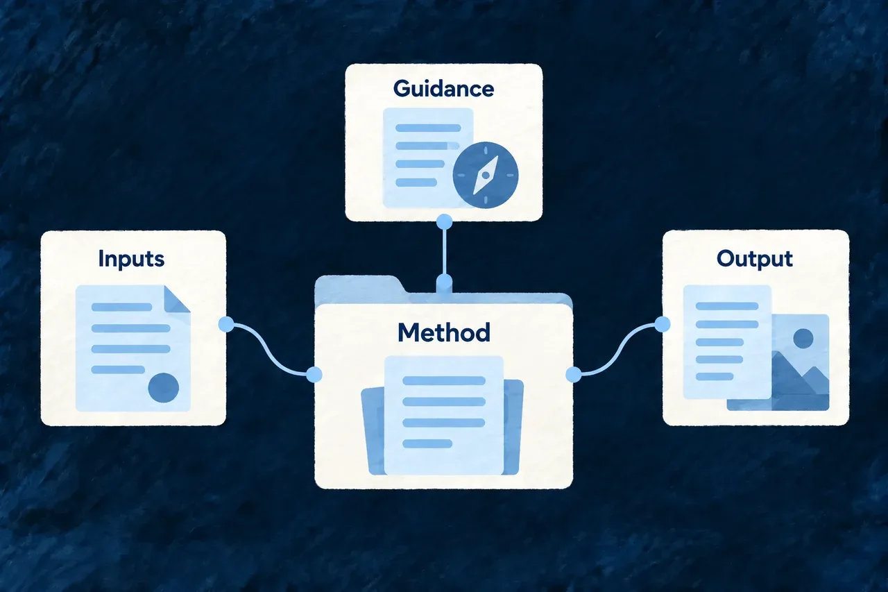 A reusable method connects its inputs, instructions and intended output.
