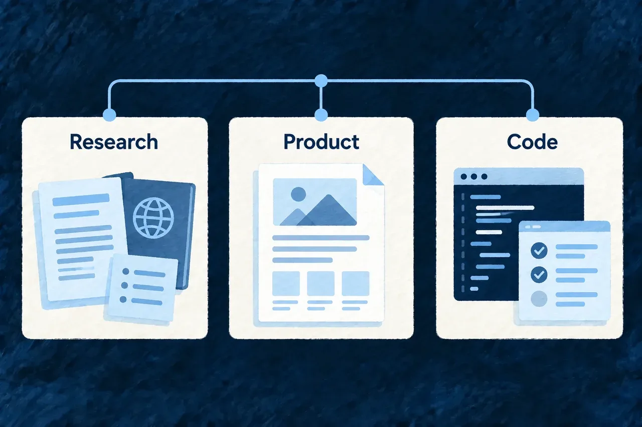 Research, structured product artifacts and code use distinct working methods.