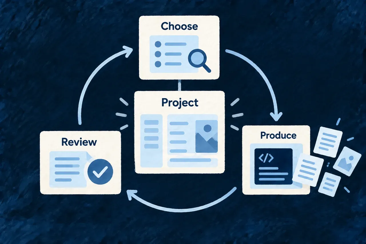 A project feeds a repeating cycle of choosing useful work, producing a result and reviewing the changed project.