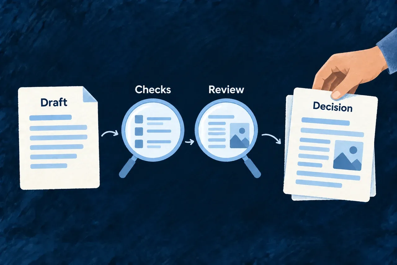 A proposal is examined through structural checks and review notes before a person accepts it.