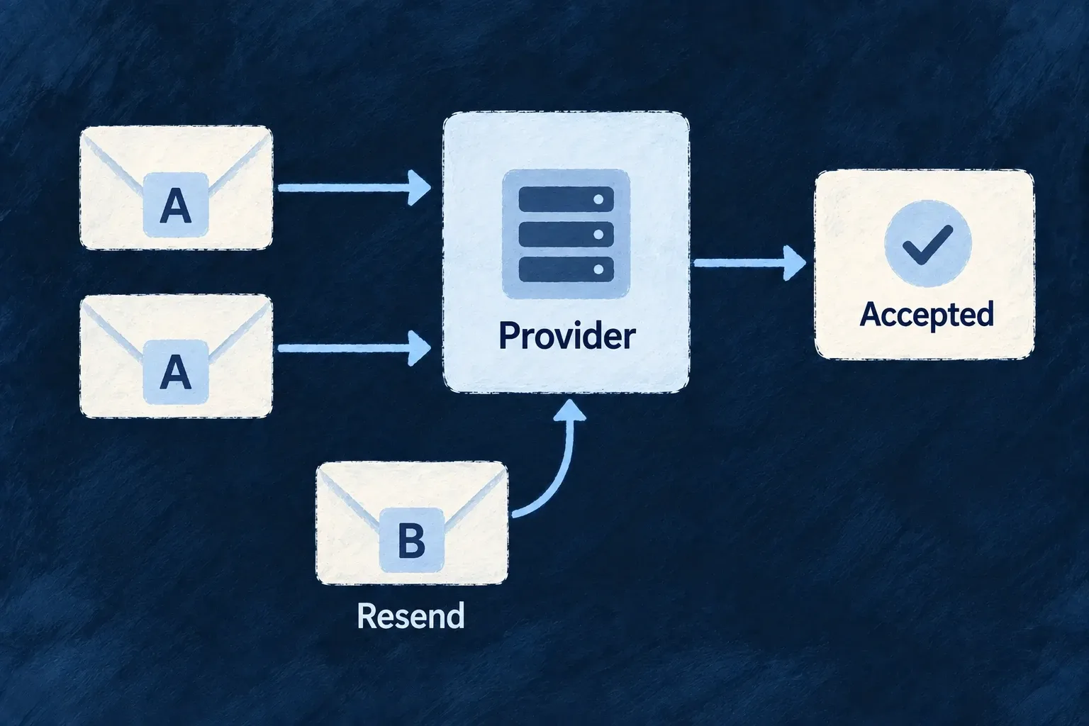 Retries preserve submission identity, while an explicit resend receives a new identity.