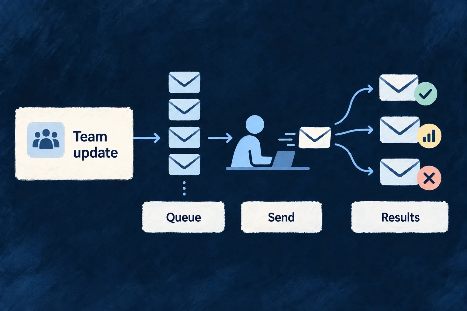 A larger recipient group is queued and processed as individual email submissions.