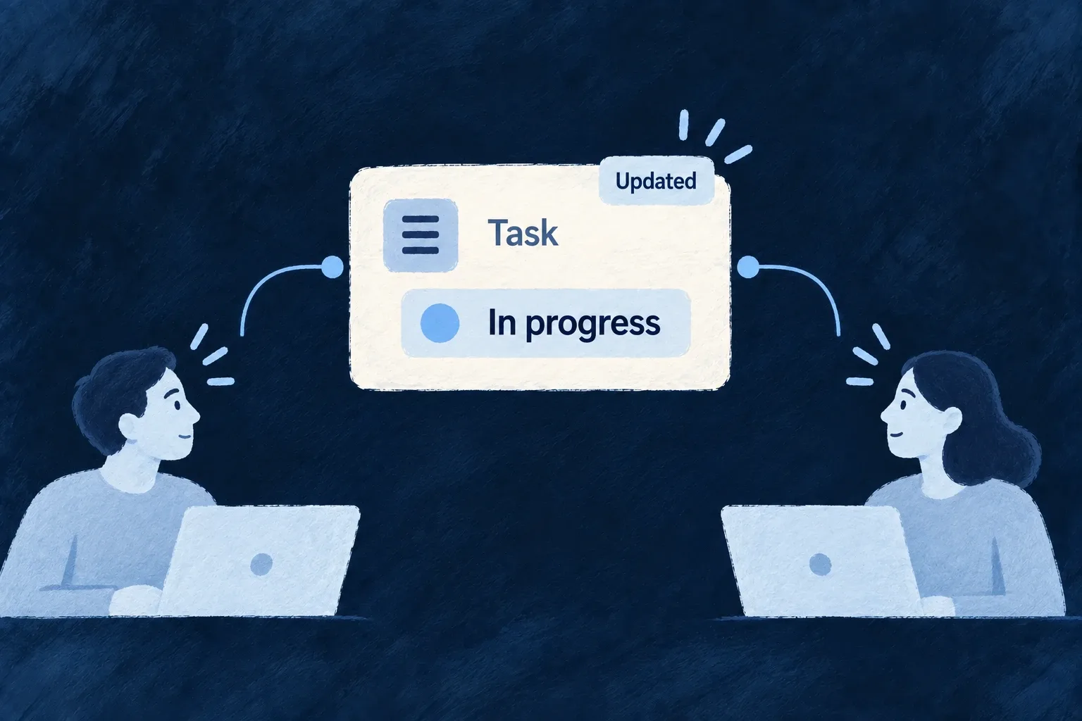 Two people receive the updated state of a shared task.