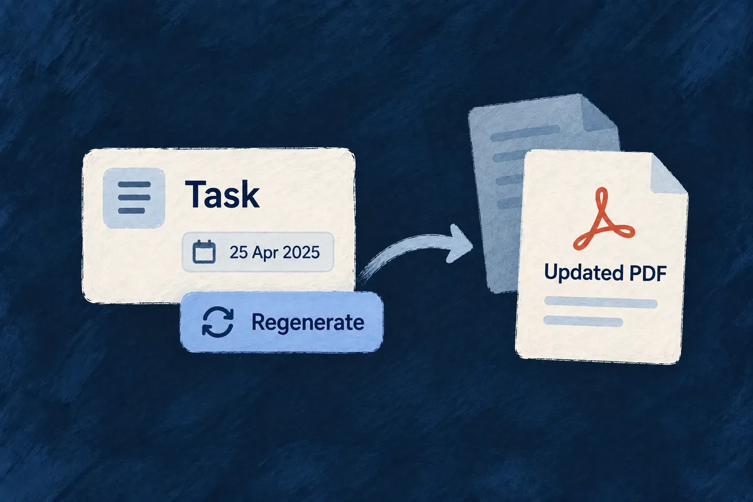 An explicit regeneration action replaces a task's earlier PDF with an updated document.