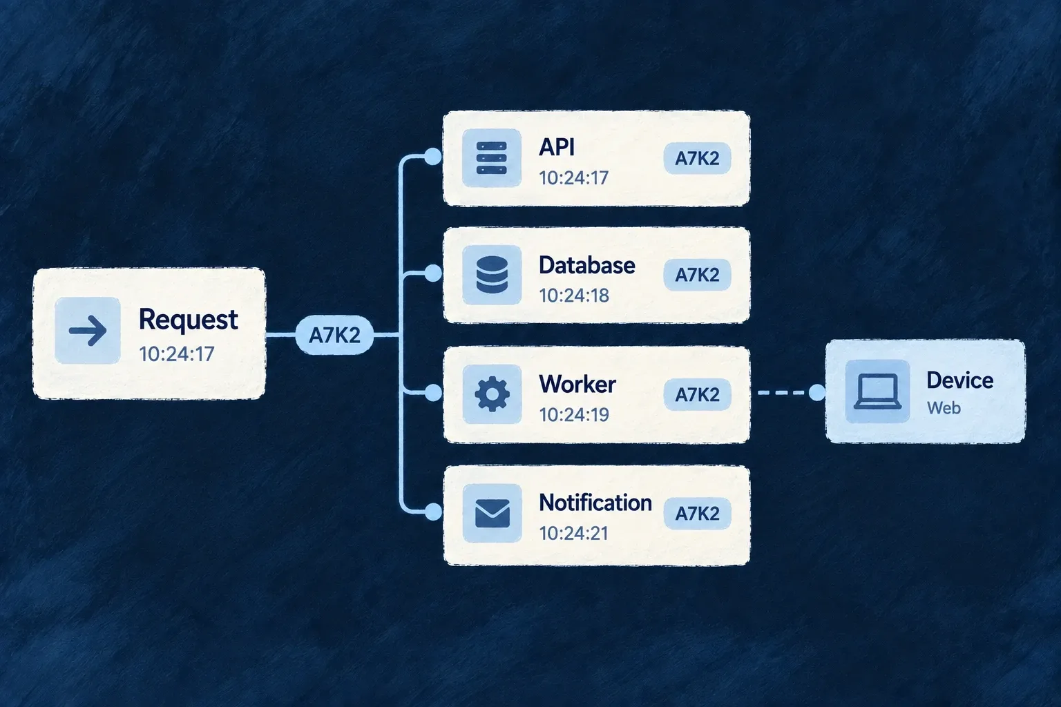 A shared request identifier connects event records, with available device context attached.