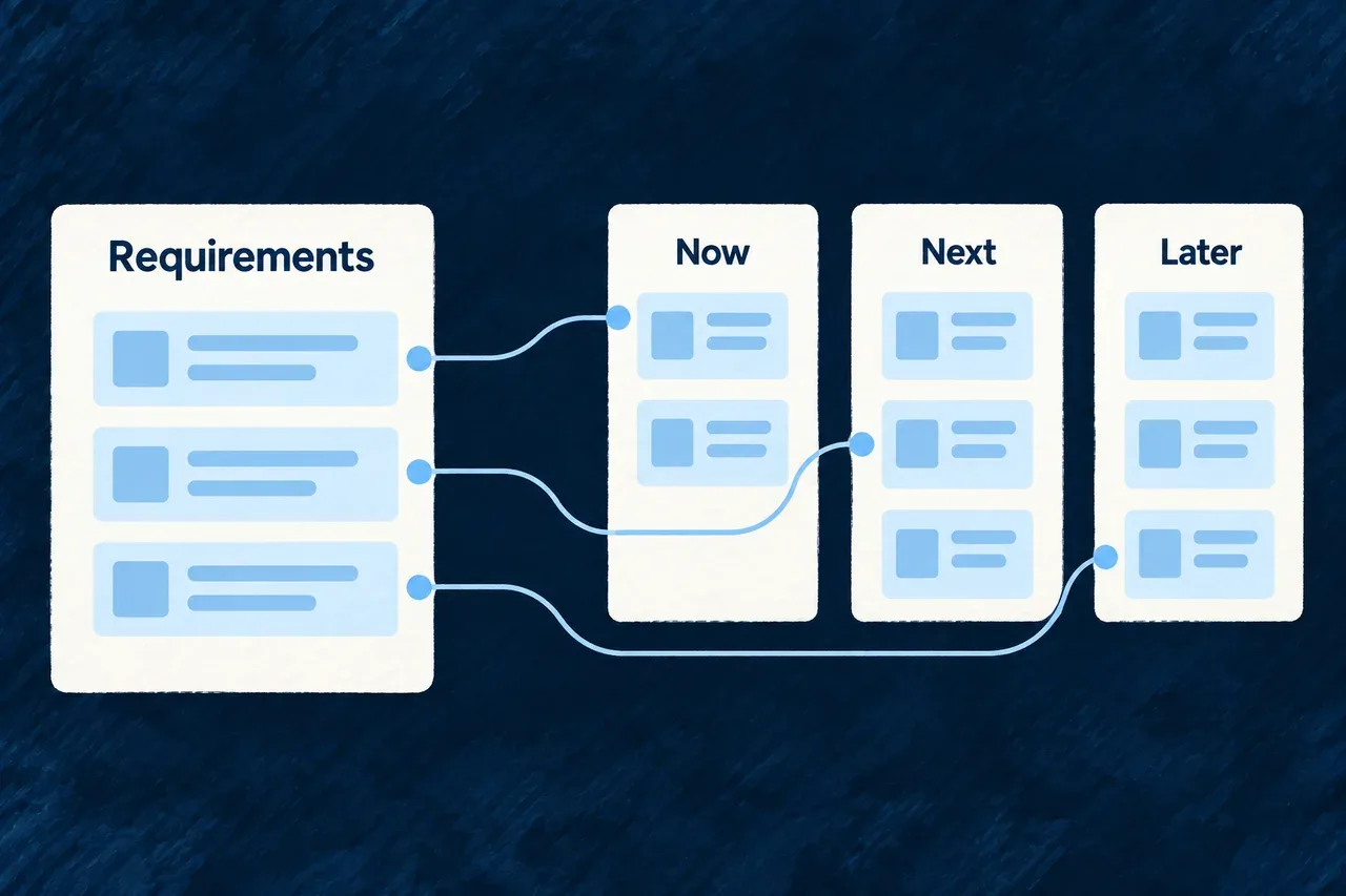 Requirements connect to now, next and later delivery phases.