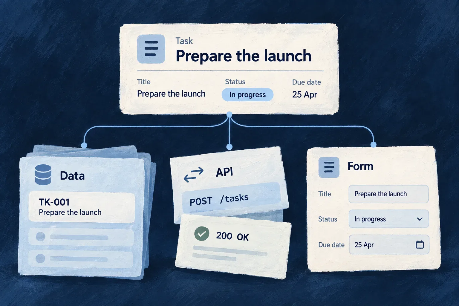A task with title, status and due date connects to its stored data, API and form.