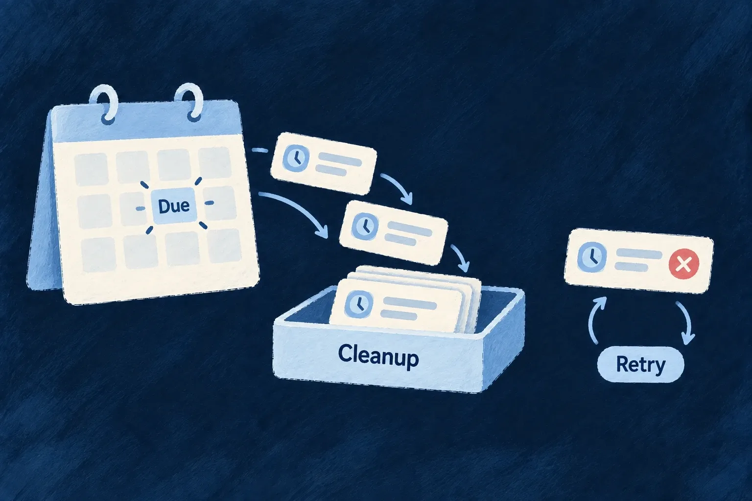 Due records move from a calendar into scheduled cleanup, while a failed item enters a retry loop.