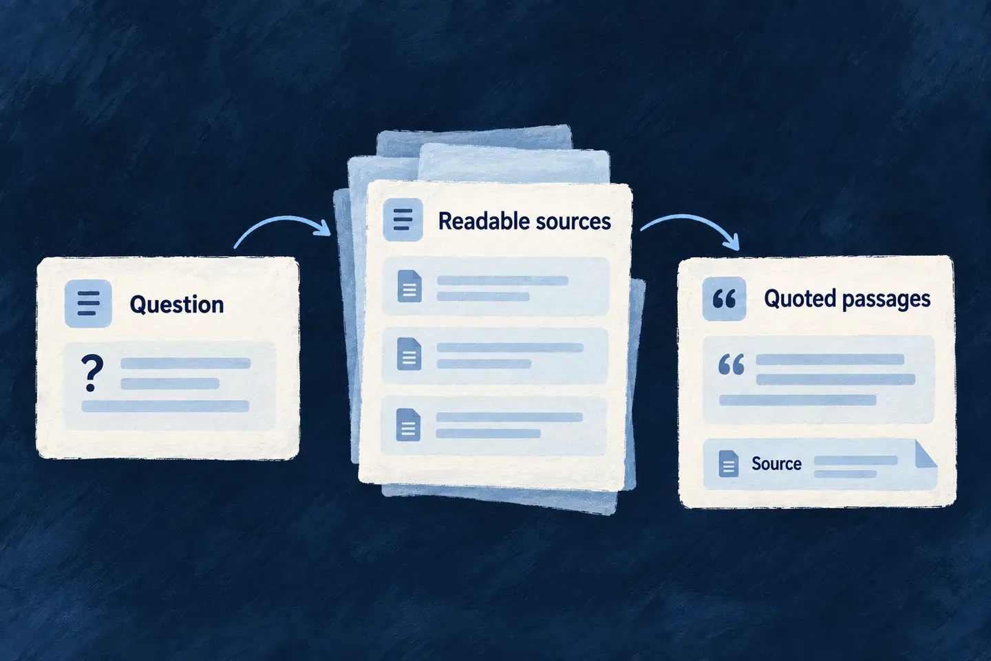 Selected source records contribute attributed passages to an answer.