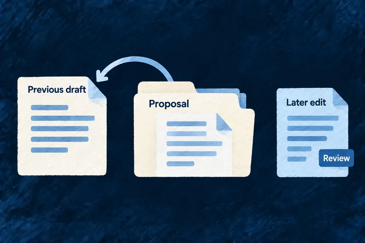 A generated specification proposal can return to its previous draft while later edits need review.