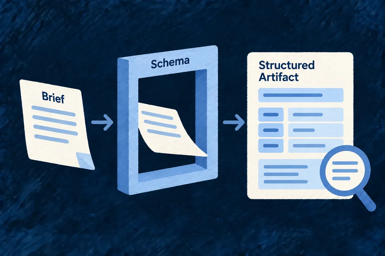 A generation request uses a declared schema to shape a structured artifact.