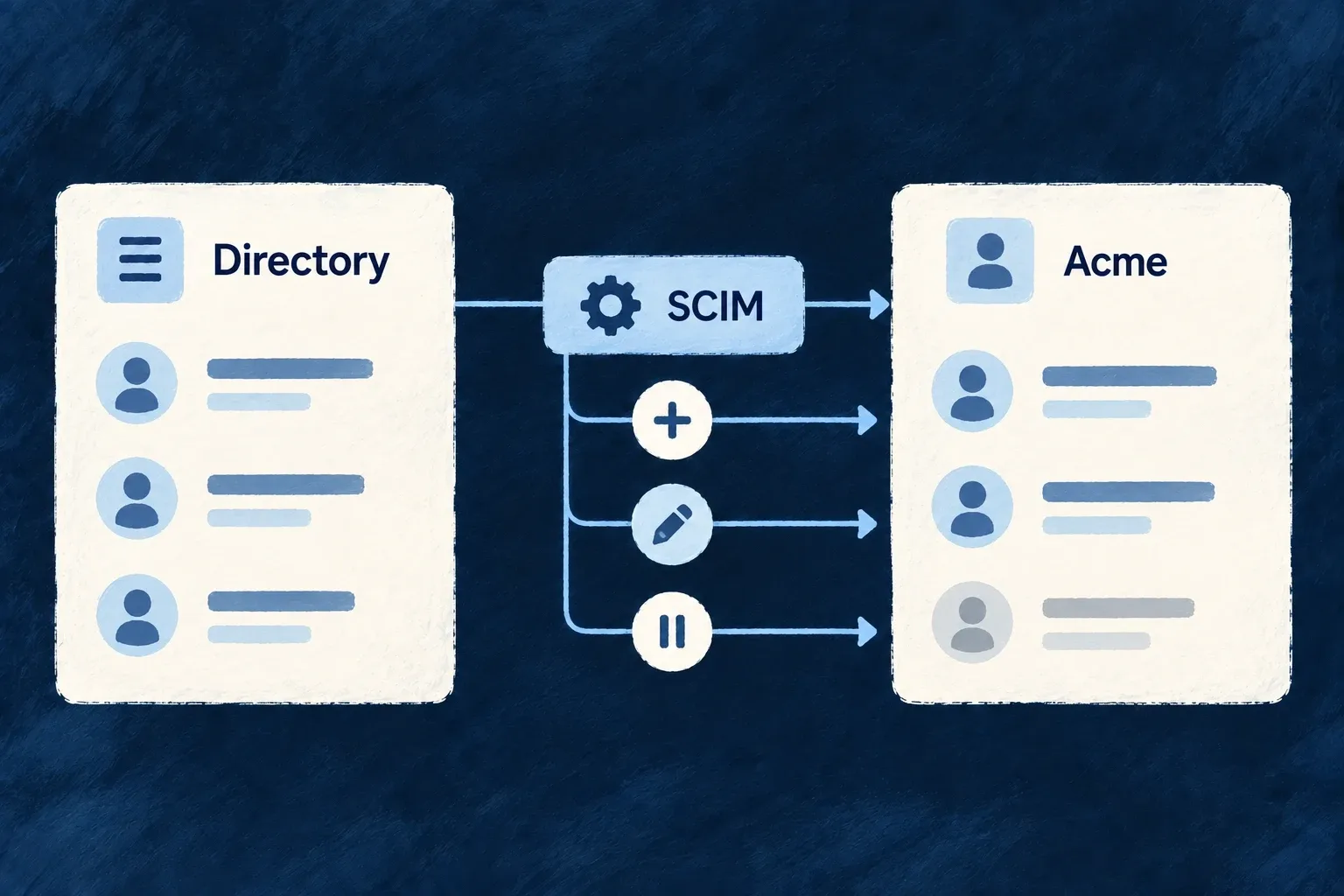 A directory sends additions, updates and deactivation through SCIM to Acme's members.
